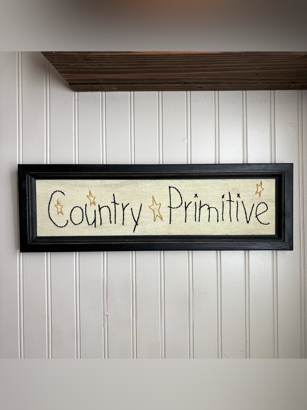 Vintage-Style Embroidered “Country Primitive” Wall Decor Sign Black & Tan VTG